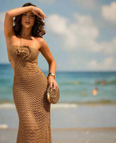 Knitted 3D Flower Solid Ankle Length Dress